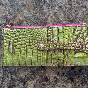Brahmin Lime Green Croc Embossed Wallet with Pink Trim